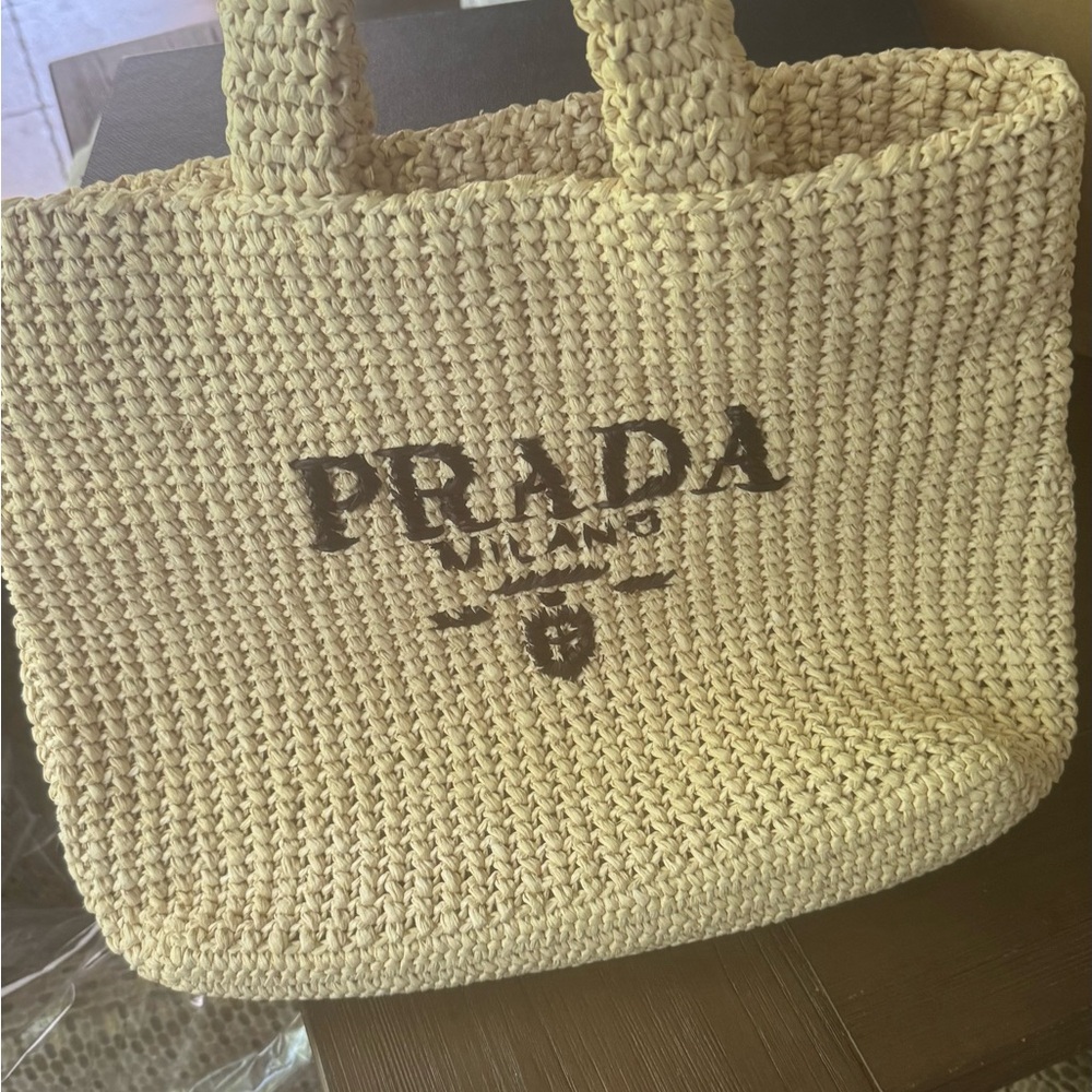 Prada Tan Raffia Tote Bag with Woven Texture